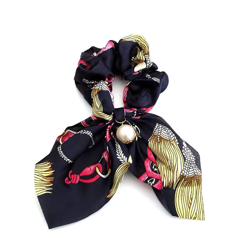 Fashion Bowknot Ponytail Holder Elastic Hair Bands for Girls Flower Printing Hair Accessories Women Hairband Ribbon Headwear