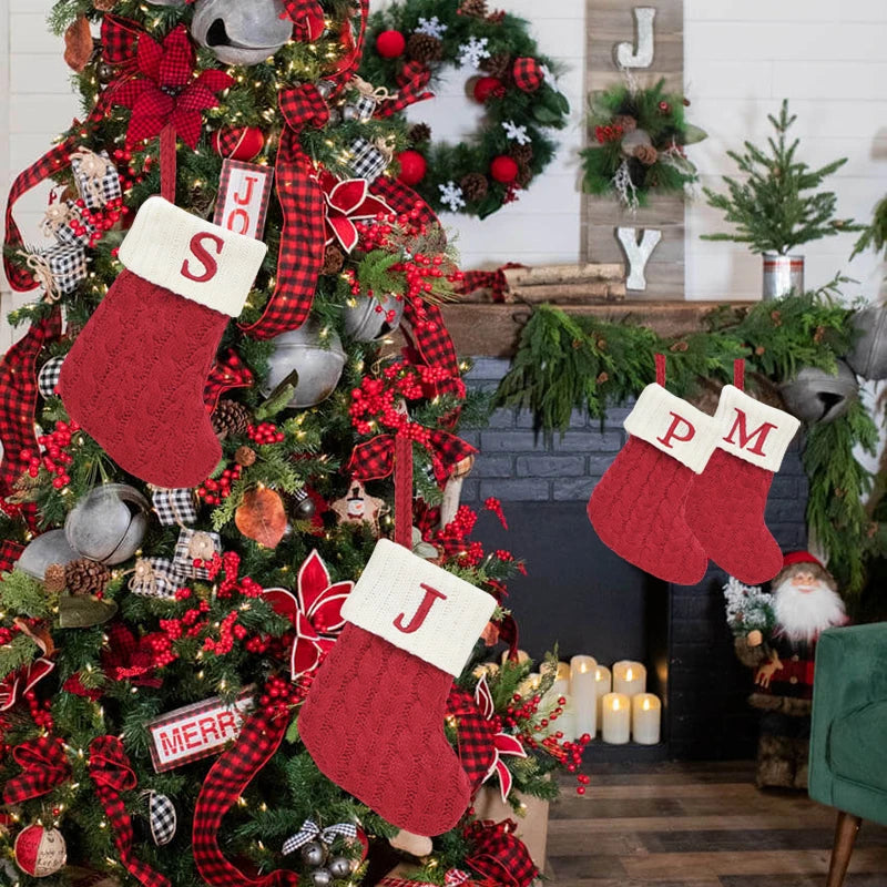 Christmas Socks Snowflake Alphabet Letters Christmas Knitting Stocking Christmas Tree Pendant Decoration for Home Xmas Gift 2024