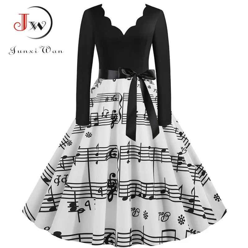 Black Big Swing Print Vintage Christmas Dress Women Winter Casual Long Sleeve v Neck Sexy New Year Party Dress S~3XL