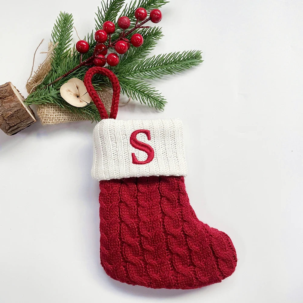 Christmas Socks Snowflake Alphabet Letters Christmas Knitting Stocking Christmas Tree Pendant Decoration for Home Xmas Gift 2024