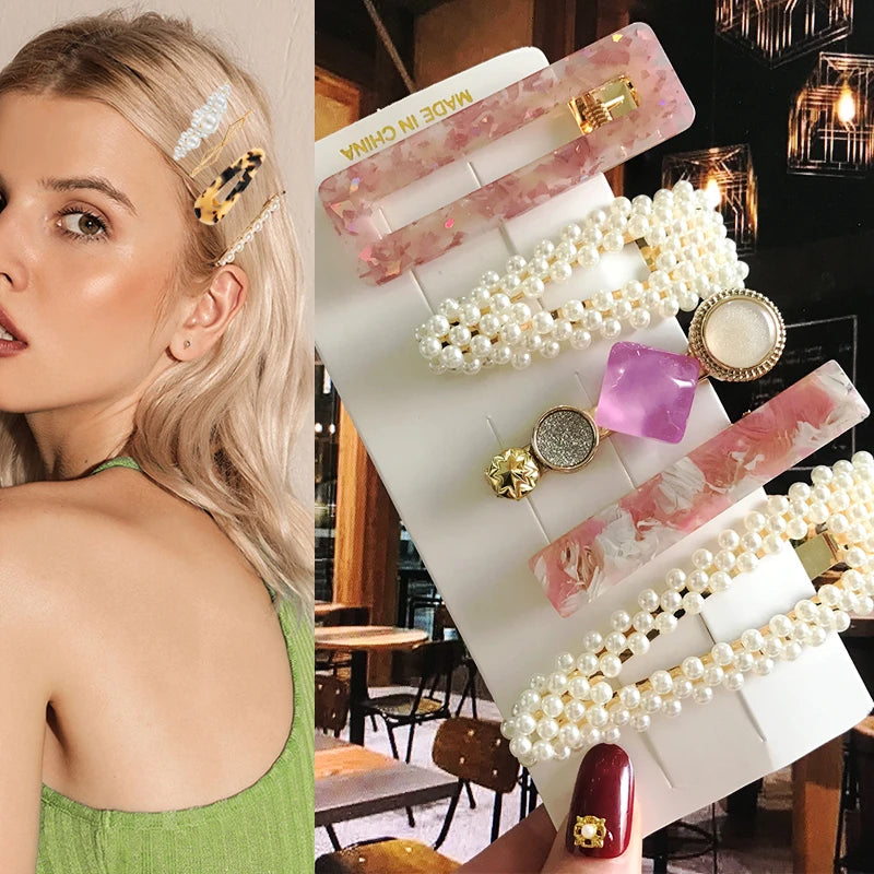 Acrylic Barrettes Headwear Pearl Hair Clip Sets for Women Fashion Geometric Hairpins Hair Accessories Headdress Girl Bobby Clip