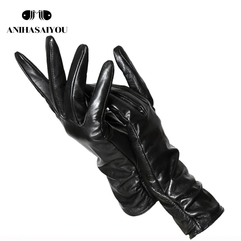 Classic Pleated Leather Gloves Women Color Real Leather Gloves Women Sheepskin Genuine Leather Winter Gloves Women-2081