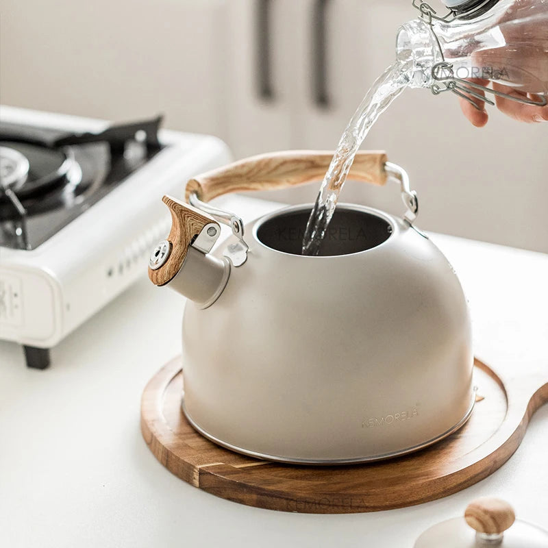 2.5l/3l Whistle Kettle Stainless Steel Antirust Teapot Classic Wood Grain Insulated Handle Make Coffee Milk Flower Tea Teapot