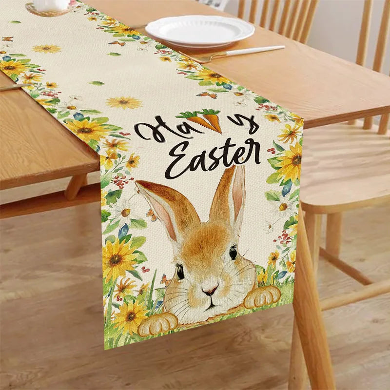 2024 Easter Rabbit Table Runner Linen Bunny Dining Table Cloth Placemat Spring Holiday Happy Easter Decoration for Home Kitchen