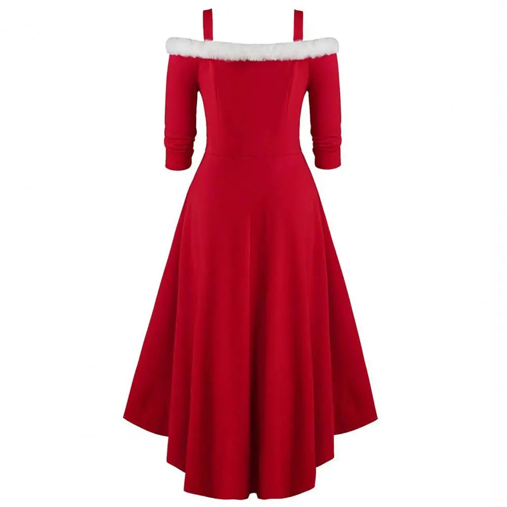 Women Dress Faux Fur Collar Sling Off Shoulder v Neck Long Sleeves Christmas Dress High Low Hem Midi Dress for Christmas