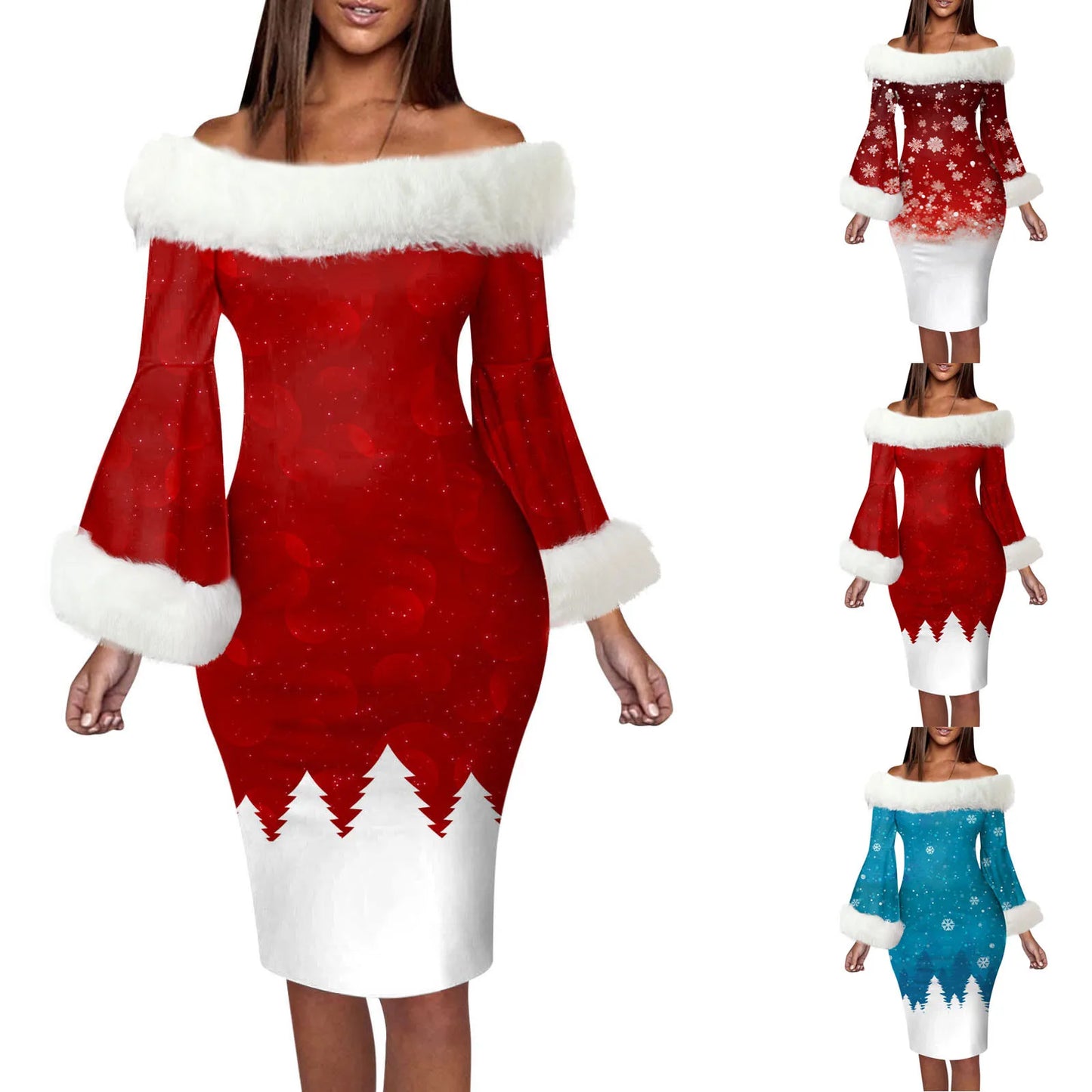 2024 Winter Christmas Party Dresses Xmas Lady Santa Claus Cosplay Costume Sexy Off Shoulder Plush Patchwork Dress Vestidos