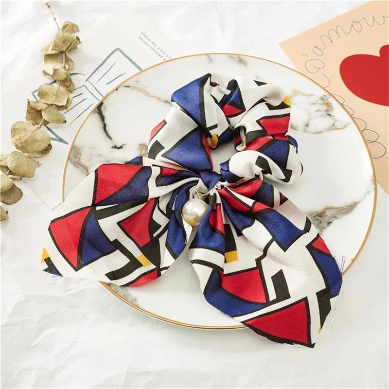 Fashion Bowknot Ponytail Holder Elastic Hair Bands for Girls Flower Printing Hair Accessories Women Hairband Ribbon Headwear