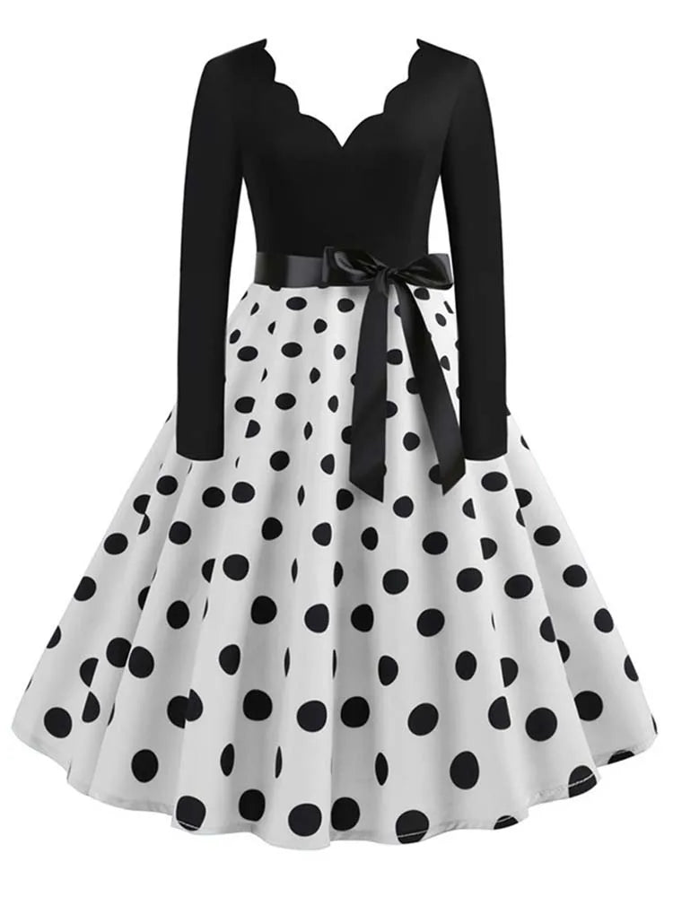 Black Big Swing Print Vintage Christmas Dress Women Winter Casual Long Sleeve v Neck Sexy New Year Party Dress S~3XL