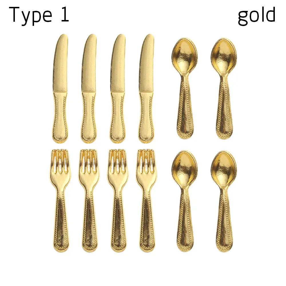 12PCS Gold Silver 1:12 Scale Simulation Toy Dollhouse Furniture Mini Cutlery Doll Accessory Fork Knife Spoon Miniature Cookware