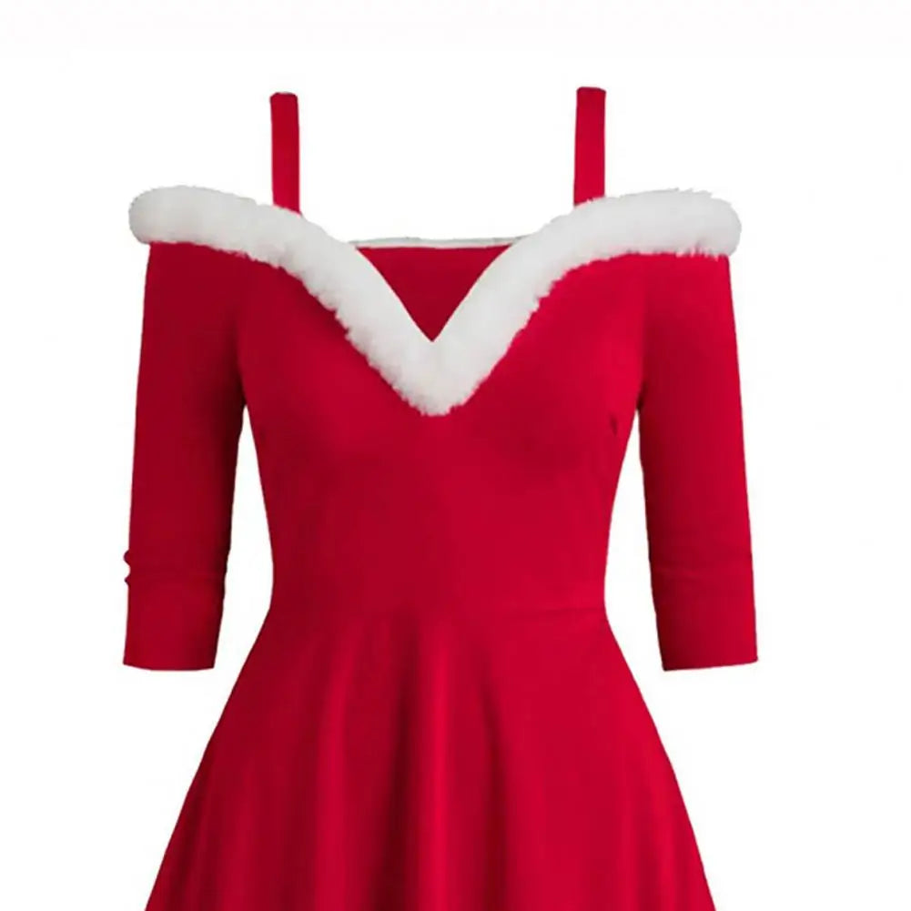 Women Dress Faux Fur Collar Sling Off Shoulder v Neck Long Sleeves Christmas Dress High Low Hem Midi Dress for Christmas
