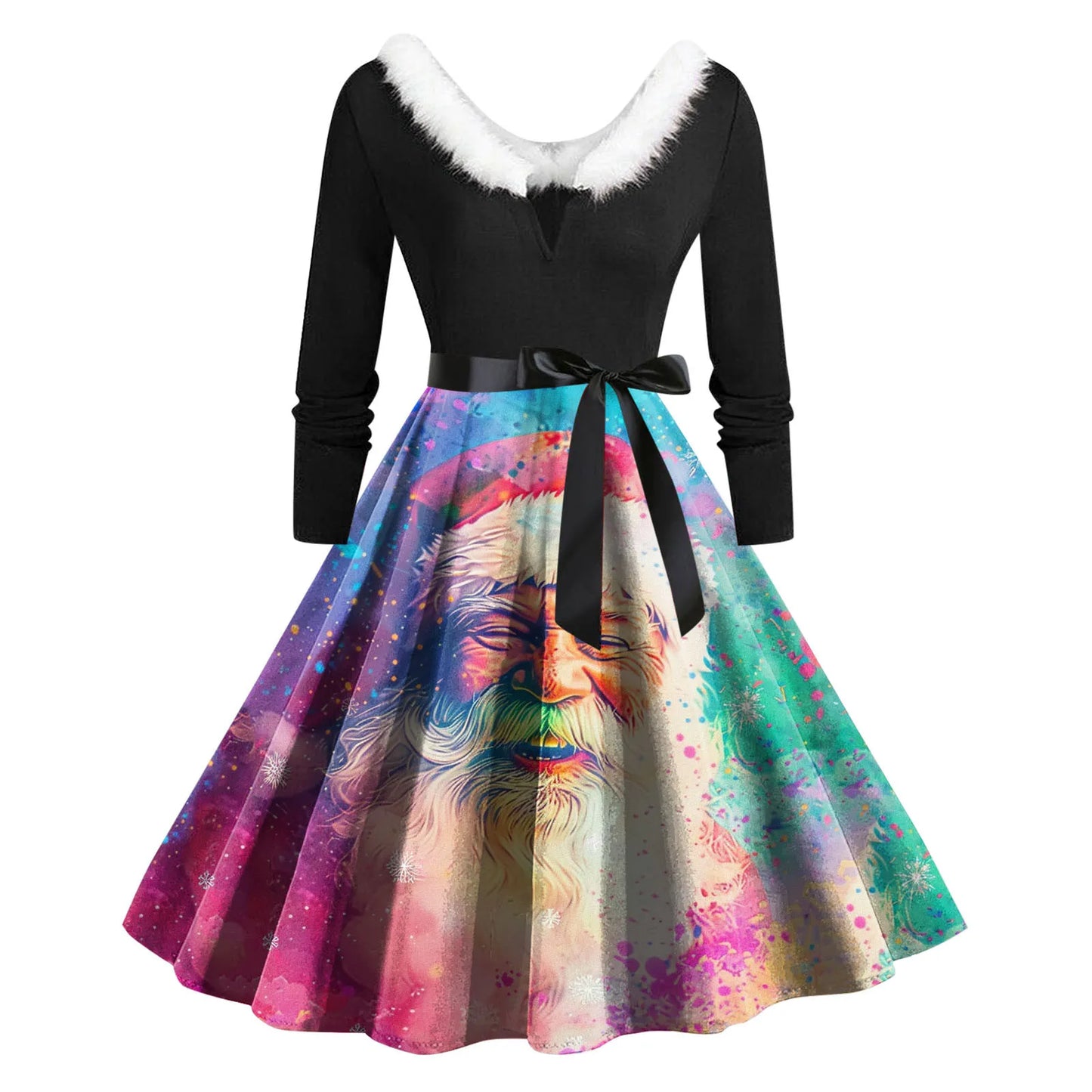 Christmas Print Vintage Dress Women Swing Robe Pinup Fur Collar Long Sleeve Party Dresses Autumn Winter A-Line Robes Vestido