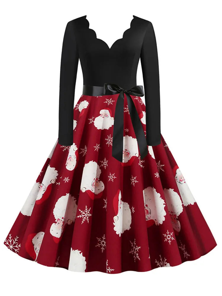 Black Big Swing Print Vintage Christmas Dress Women Winter Casual Long Sleeve v Neck Sexy New Year Party Dress S~3XL
