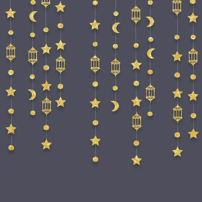 4M Ramadan Decoration 2024 Gold Moon Star Lamp Hanging Garland Ornament EID Mubarak Muslim Mubarak Party Supplies Eid Al-Fitr