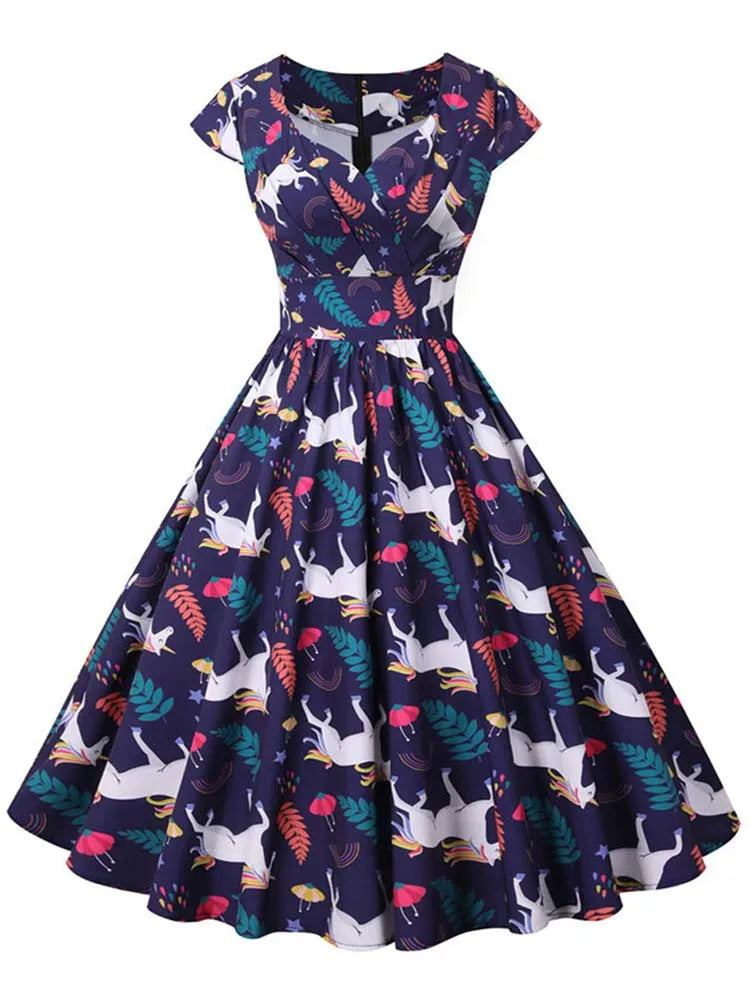White Print Vintage Christmas Dress Women Winter Big Swing Elegant Short Sleeve v Neck Sexy New Year Party Sundress