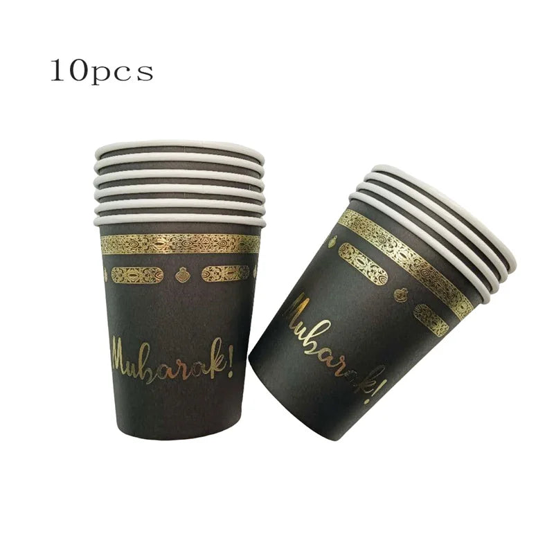 Eid Mubarak Black Gold Disposable Paper Plates Cups Napkins Ramadan Kareem Islamic Muslim Eid Al Adha Party Decor Supplies