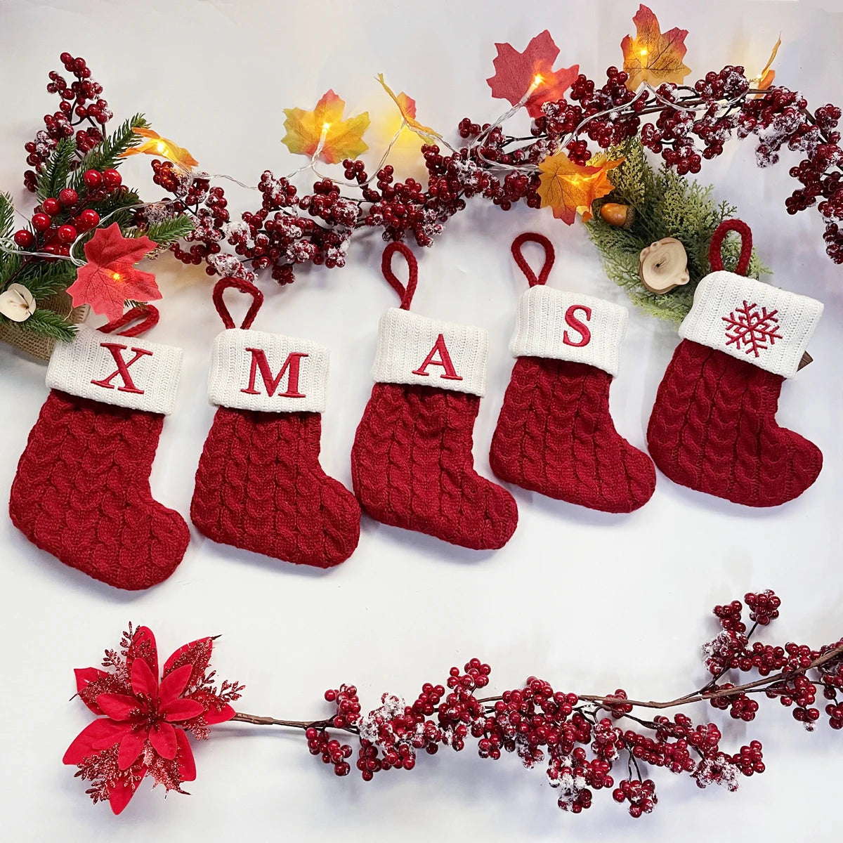 Christmas Socks Snowflake Alphabet Letters Christmas Knitting Stocking Christmas Tree Pendant Decoration for Home Xmas Gift 2024