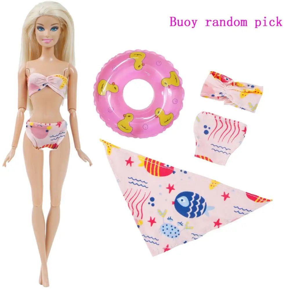 1x Doll Swimwear Beach Bathing Clothes Lovely Bikini Swimsuit + Random 1x Swimming Buoy Lifebelt Ring for Barbie Doll Baby Toys