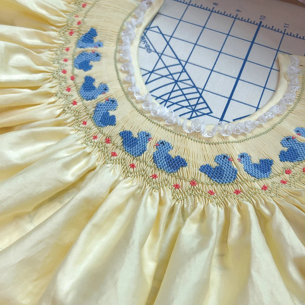 Girls Smocked Dress Handmade Bird Embroidered Yellow Cotton Puff Sleeves Princess Vintage Eid Clothing