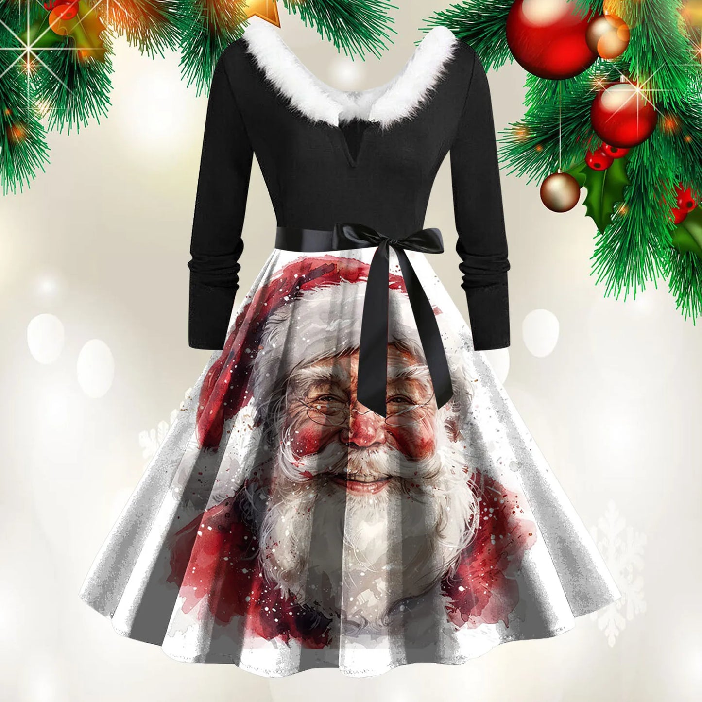 Christmas Print Vintage Dress Women Swing Robe Pinup Fur Collar Long Sleeve Party Dresses Autumn Winter A-Line Robes Vestido