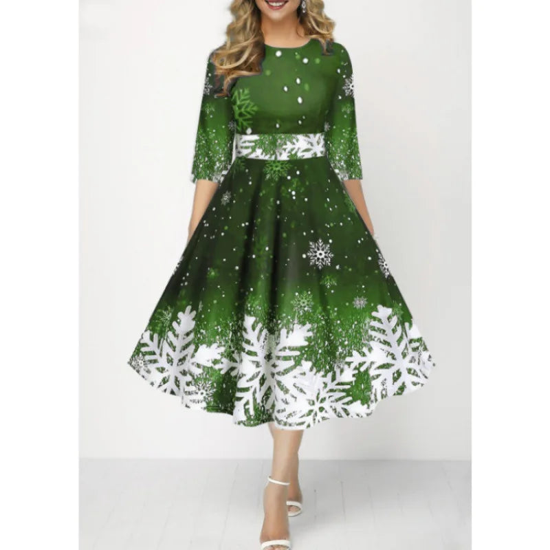 Christmas Style Women's Clothing New Fashion Personality Snowflake Digital Print Temperament Mid Sleeve Waist Cinching Dress Y2k