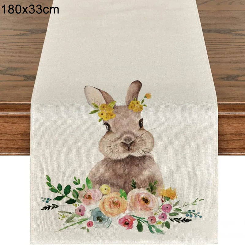 Linen Easter Table Runner Cute Bunny Dining Table Cloth 2024 Spring Holiday Happy Easter Decoration for Home Party Supplies Gift