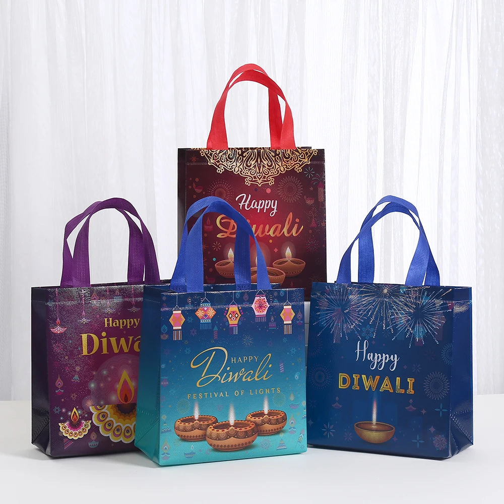 StoBag, Vibrant Indian Diwali Gift Tote Bags, Reusable Non Woven, for Festive Supplies, Packing Goodies, Candy Toys, 12/30pcs