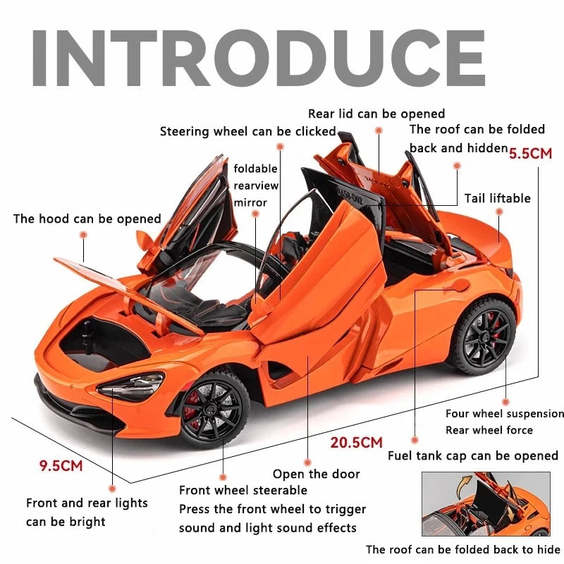 1:24 Simulated 720S Alloy Car Model Sound and Light Pull-Back Toy Car Metal Convertible Sports Car Boy Collection Ornaments Gift