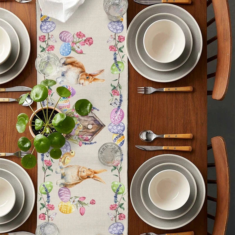 Linen Easter Table Runner Cute Bunny Dining Table Cloth 2024 Spring Holiday Happy Easter Decoration for Home Party Supplies Gift