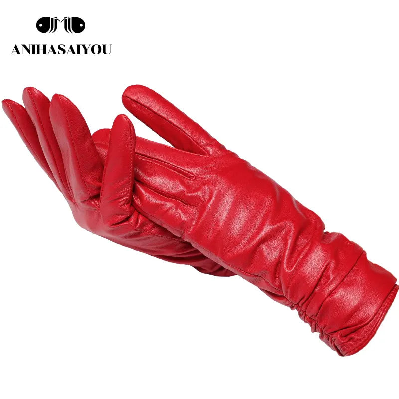 Classic Pleated Leather Gloves Women Color Real Leather Gloves Women Sheepskin Genuine Leather Winter Gloves Women-2081