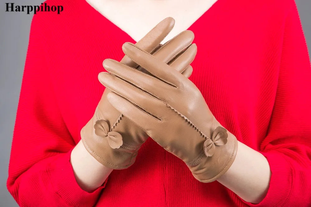 2020 Women's Genuine Leather Gloves Red Sheepskin Gloves Autumn and Winter Fashion Female Windproof Gloves