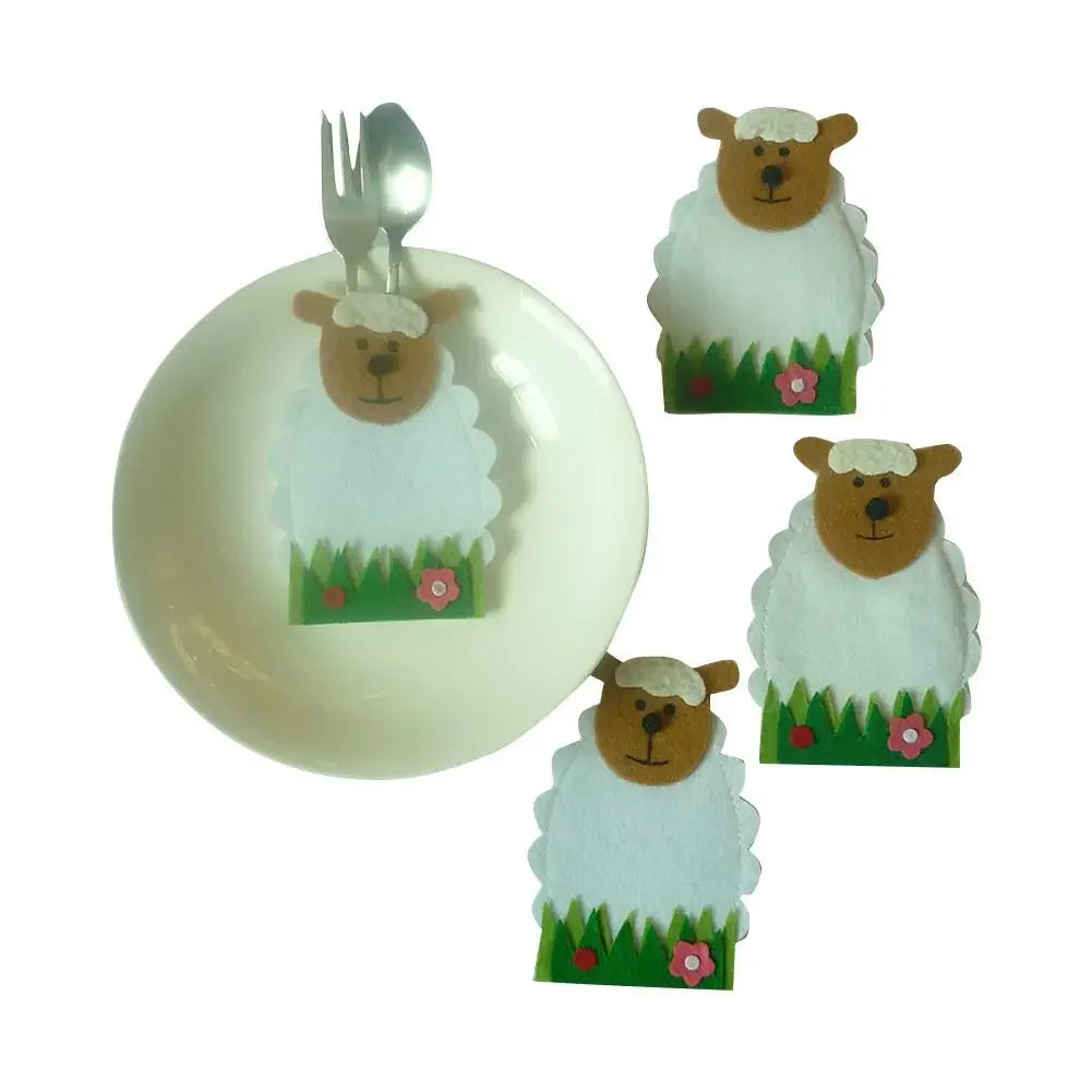 4Pcs/Set Easter Knife Fork Bags Non-Woven Cartoon Sheep Easter Rabbit Cutlery Holder Bag Tableware Organizer Easter Decorations