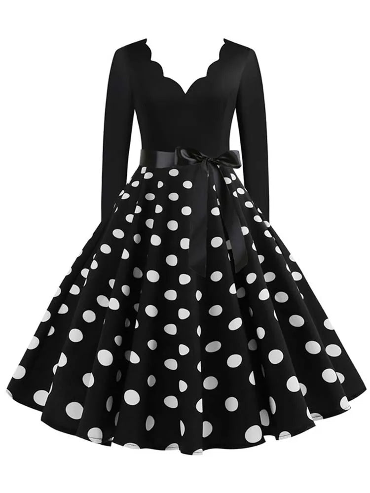 Black Big Swing Print Vintage Christmas Dress Women Winter Casual Long Sleeve v Neck Sexy New Year Party Dress S~3XL