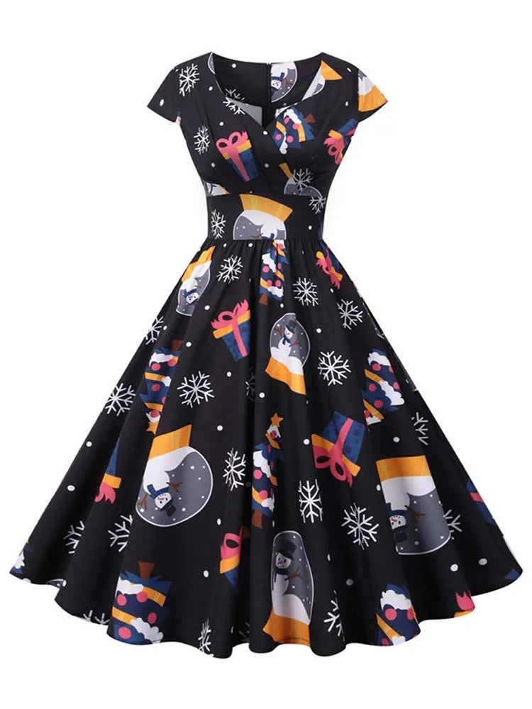 White Print Vintage Christmas Dress Women Winter Big Swing Elegant Short Sleeve v Neck Sexy New Year Party Sundress