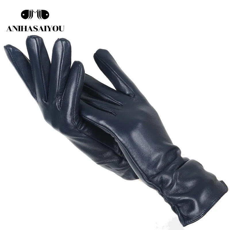 Classic Pleated Leather Gloves Women Color Real Leather Gloves Women Sheepskin Genuine Leather Winter Gloves Women-2081