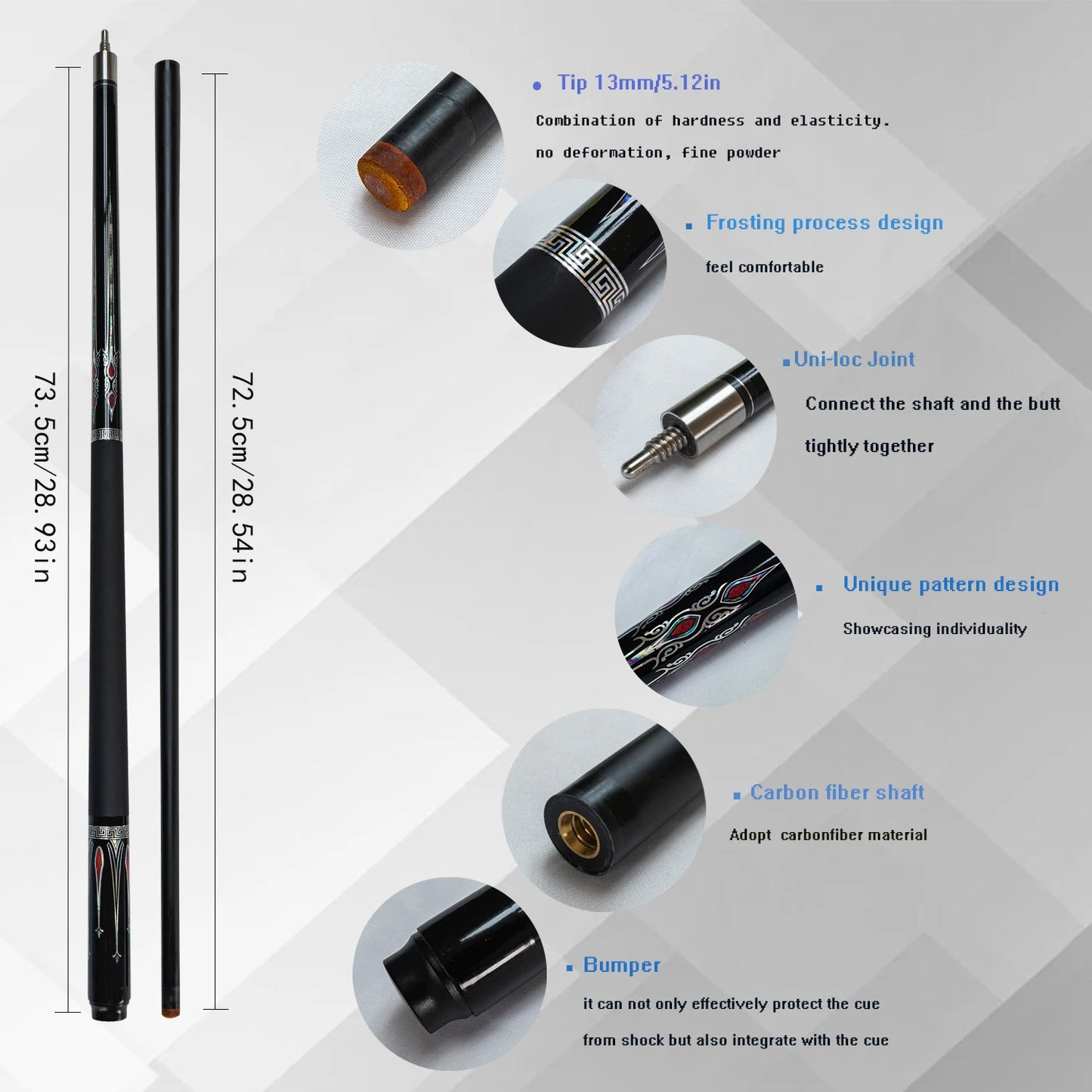 Carbon Fiber Pool Cue Stick 13mm Tip Peacock Element Ideal for Nine Ball and Carom Billiards