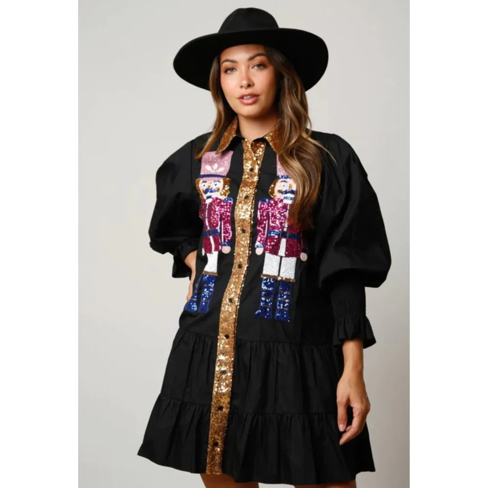 Sequin Christmas Women's Shirt Dress Outfit Holiday Nutcracker Tiered Dress Sweatshirt Dress Long Sleeve Tiered Mini Sundress