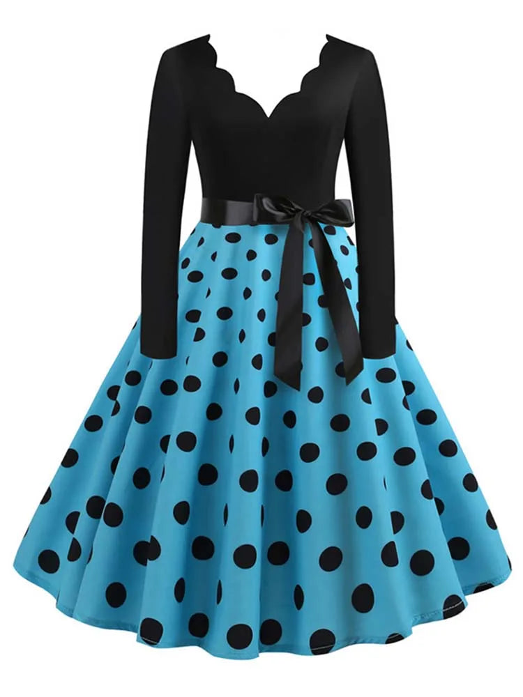 Black Big Swing Print Vintage Christmas Dress Women Winter Casual Long Sleeve v Neck Sexy New Year Party Dress S~3XL