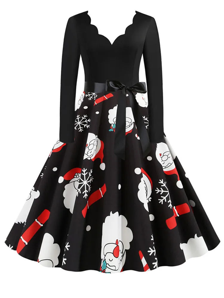 Black Big Swing Print Vintage Christmas Dress Women Winter Casual Long Sleeve v Neck Sexy New Year Party Dress S~3XL