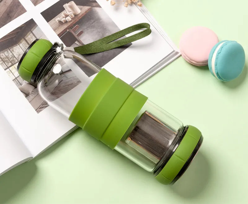 550ML Portable Rope Sports&Outdoor Glass Water Bottle Fruit Juice Kettle Drink Cup Directly Stainless Steel Tea Strainer