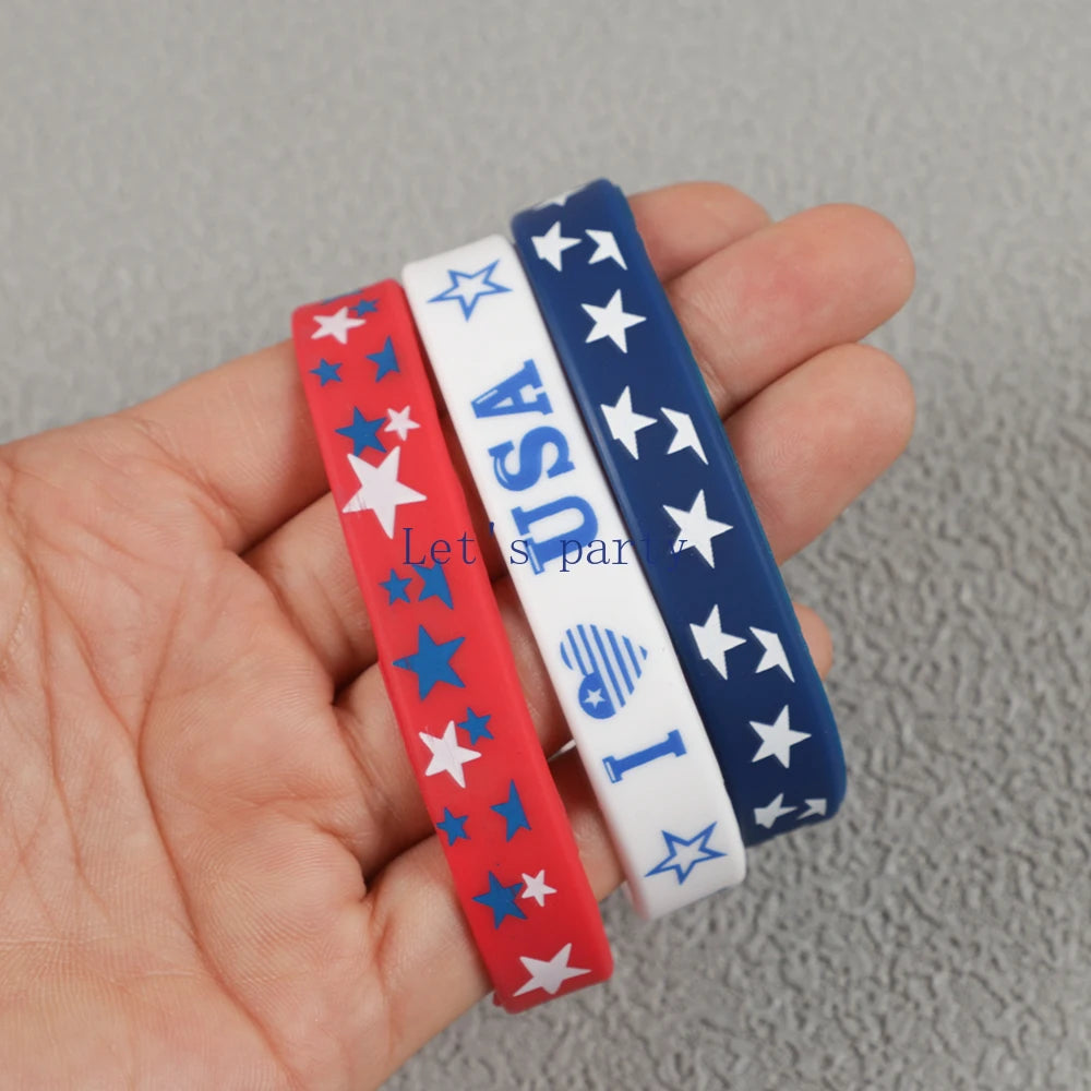 6Pcs Independence Day Theme Bracelet I Love USA Silicone Wristbands for Birthday 4th of July American National Day Party Favors