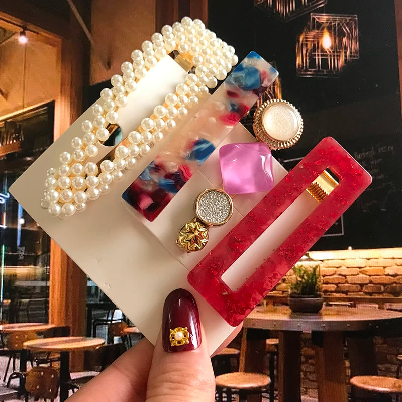 Acrylic Barrettes Headwear Pearl Hair Clip Sets for Women Fashion Geometric Hairpins Hair Accessories Headdress Girl Bobby Clip