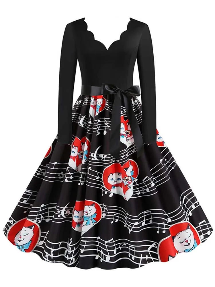 Black Big Swing Print Vintage Christmas Dress Women Winter Casual Long Sleeve v Neck Sexy New Year Party Dress S~3XL