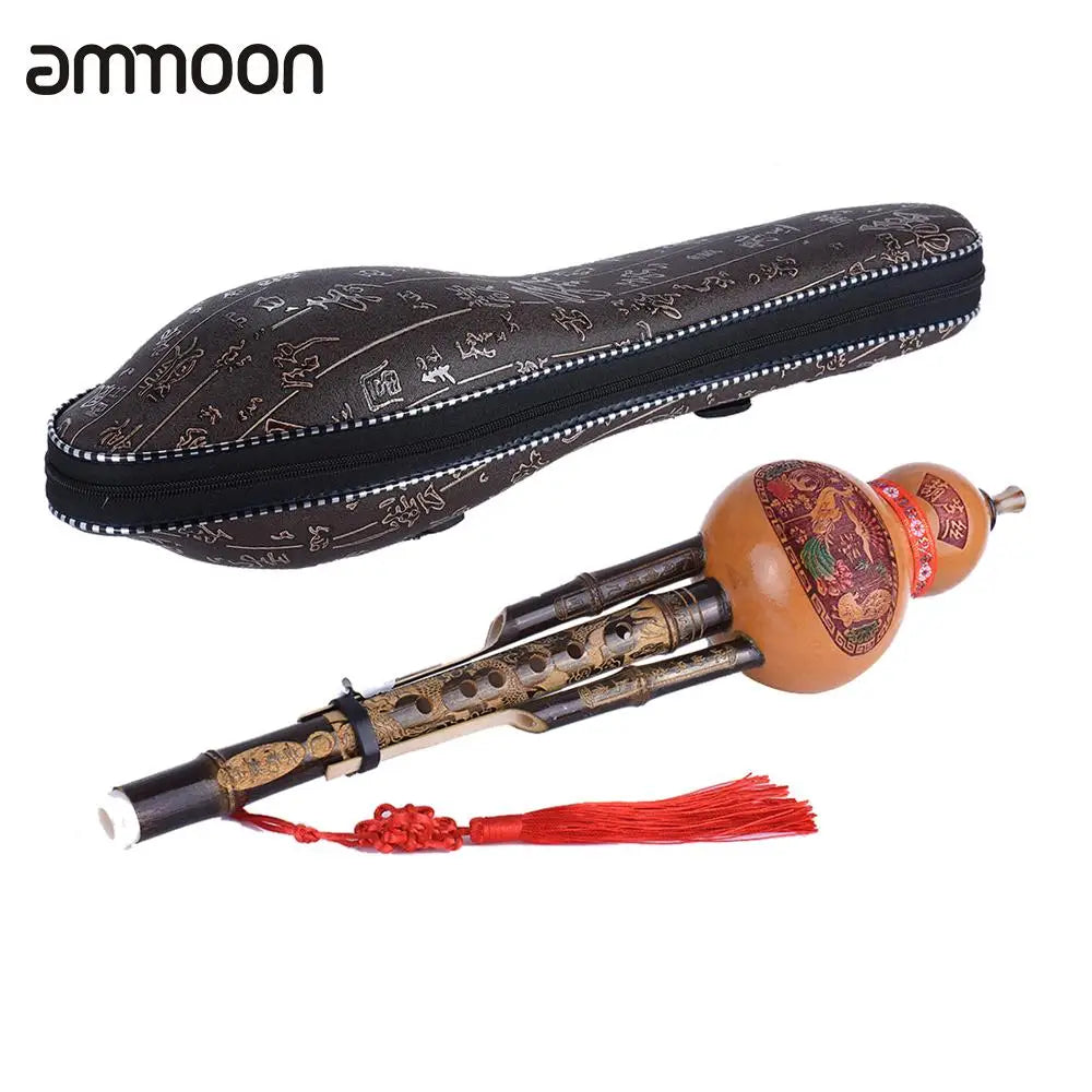 Chinese Handmade Hulusi Black Bamboo Gourd Cucurbit Flute Ethnic Musical Instrument Key of C With Case for Beginner Music Lovers