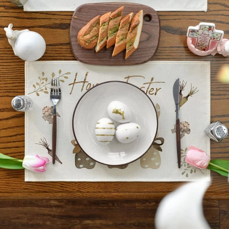 Easter Bunny Table Runner Linen Gnome Eggs Rabbit Dining Table Cloth Easter Placemat Decoration for Home Kitchen 2024 Spring