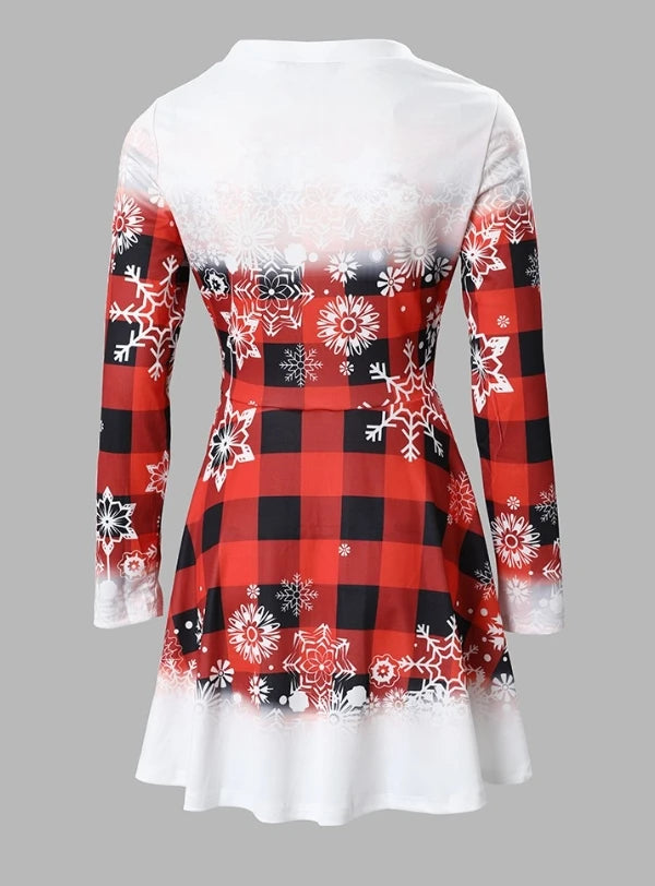 Womens Dresses 2023 Spring Fashion Christmas Snowflake Plaid Print Casual O-Neck Long Sleeve Mini a Line Christmas Dress