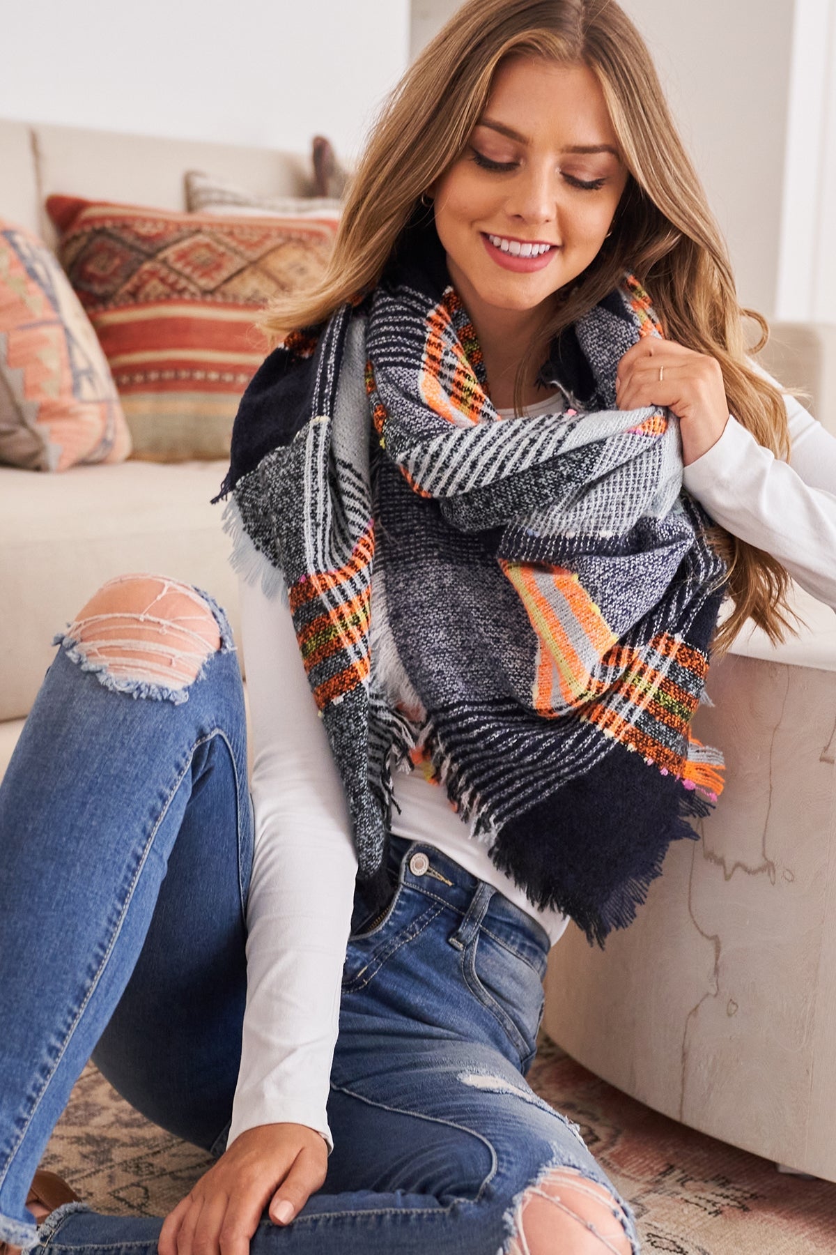 Multi Color Blanket Fringed Scarf