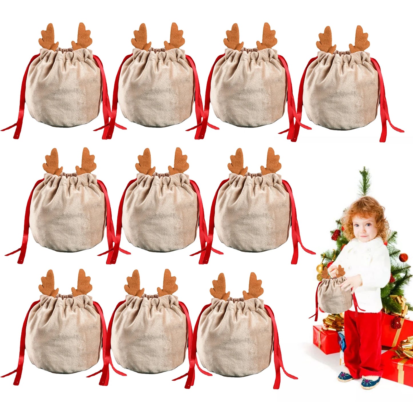 5/10Pcs Christmas Reindeer Candy Gift Bag Velvet Santa Sacks Drawstring Gift Bags Christmas Decoration Kids New Year Party Gift
