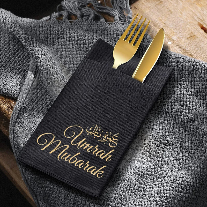 5pcs Black Arabic Umrah Mubarak Paper Napkins Cutlery Holders Muslim Islamic Ramadan Kareem Eid Dinner Table Decoration Gift