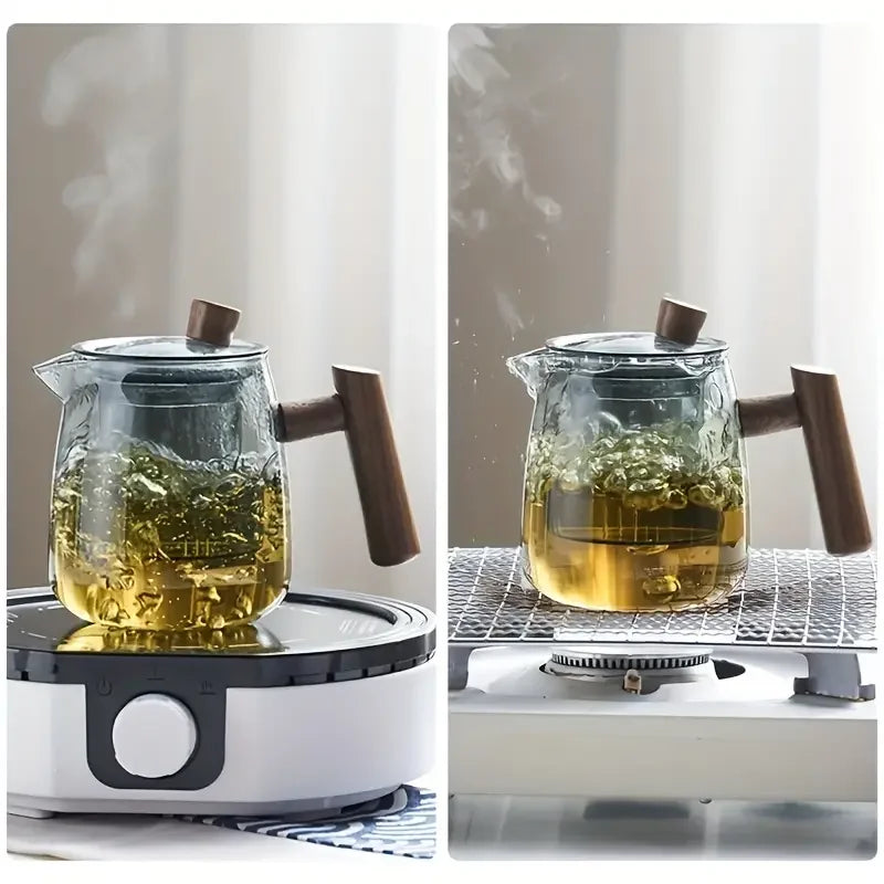 Glass Tea Pot With Wood Handle Chinese Heat-Resistant Glass Teapot Transparent Steaming Tea Glass Kettle Tea Set Infuser Tea