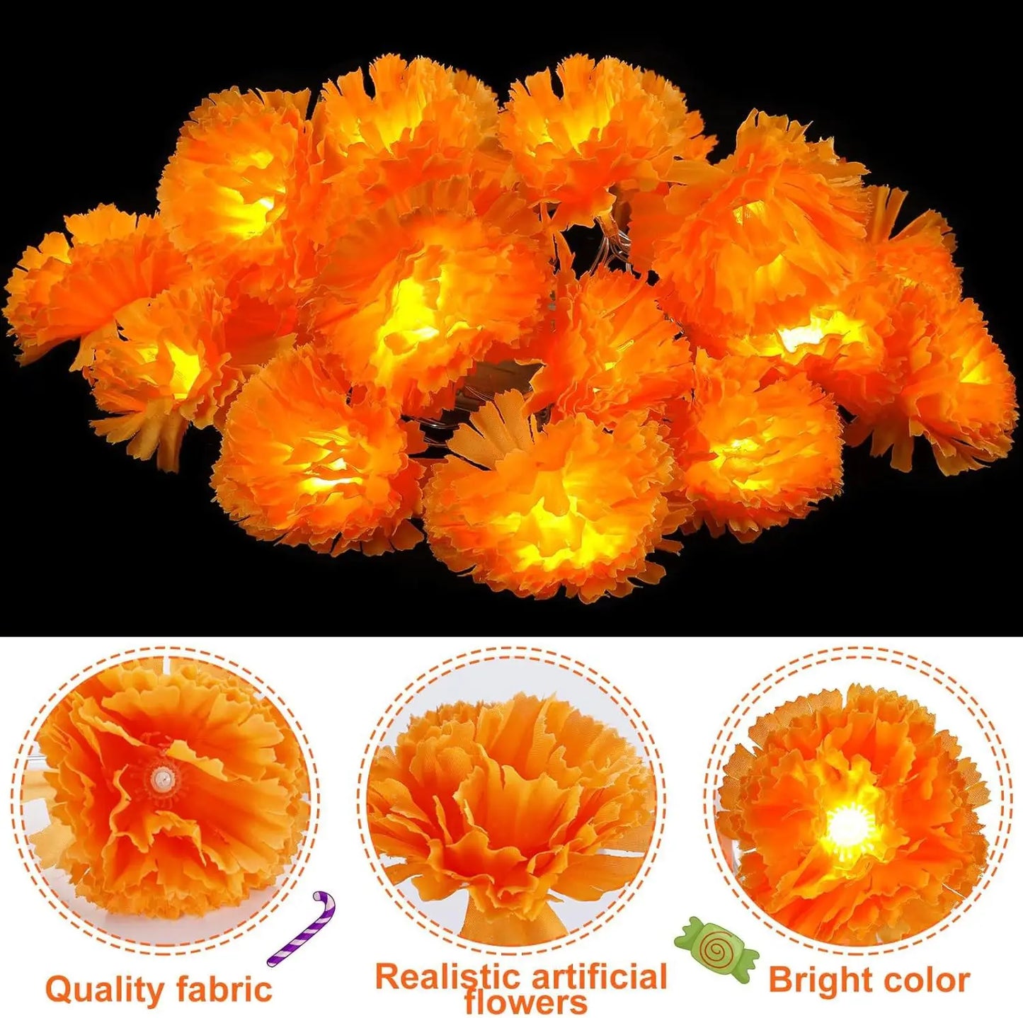 Marigold Garland Light Artificial Marigold Flowers String Light Diwali Decor Halloween Day of the Dead Atmosphere Decorations